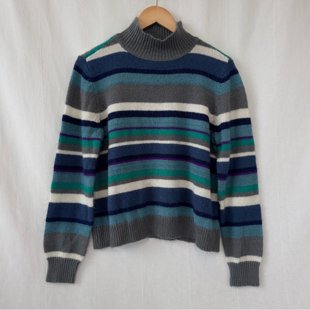 Chaps | Striped Mock Neck Sweater Multicolor Blue Grey Green | Petite XL